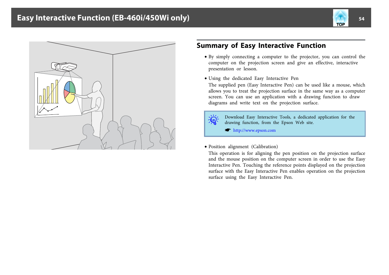 Easy interactive function (eb-460i/450wi only), Summary of easy interactive function, P.54 | Epson EB-440W User Manual | Page 54 / 153