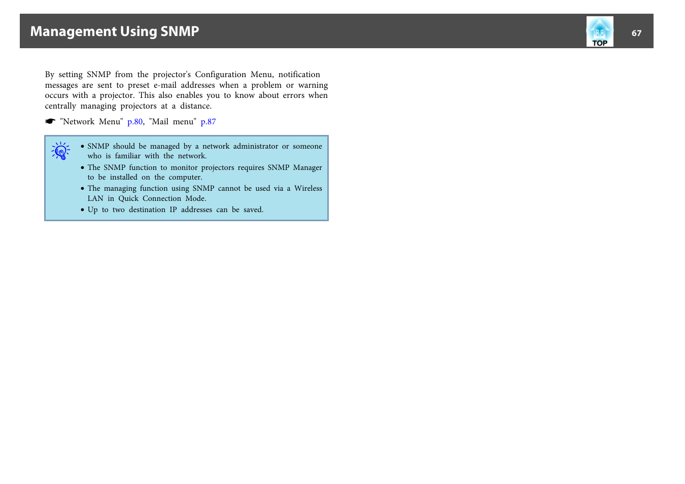 Management using snmp | Epson EB-440W User Manual | Page 67 / 153