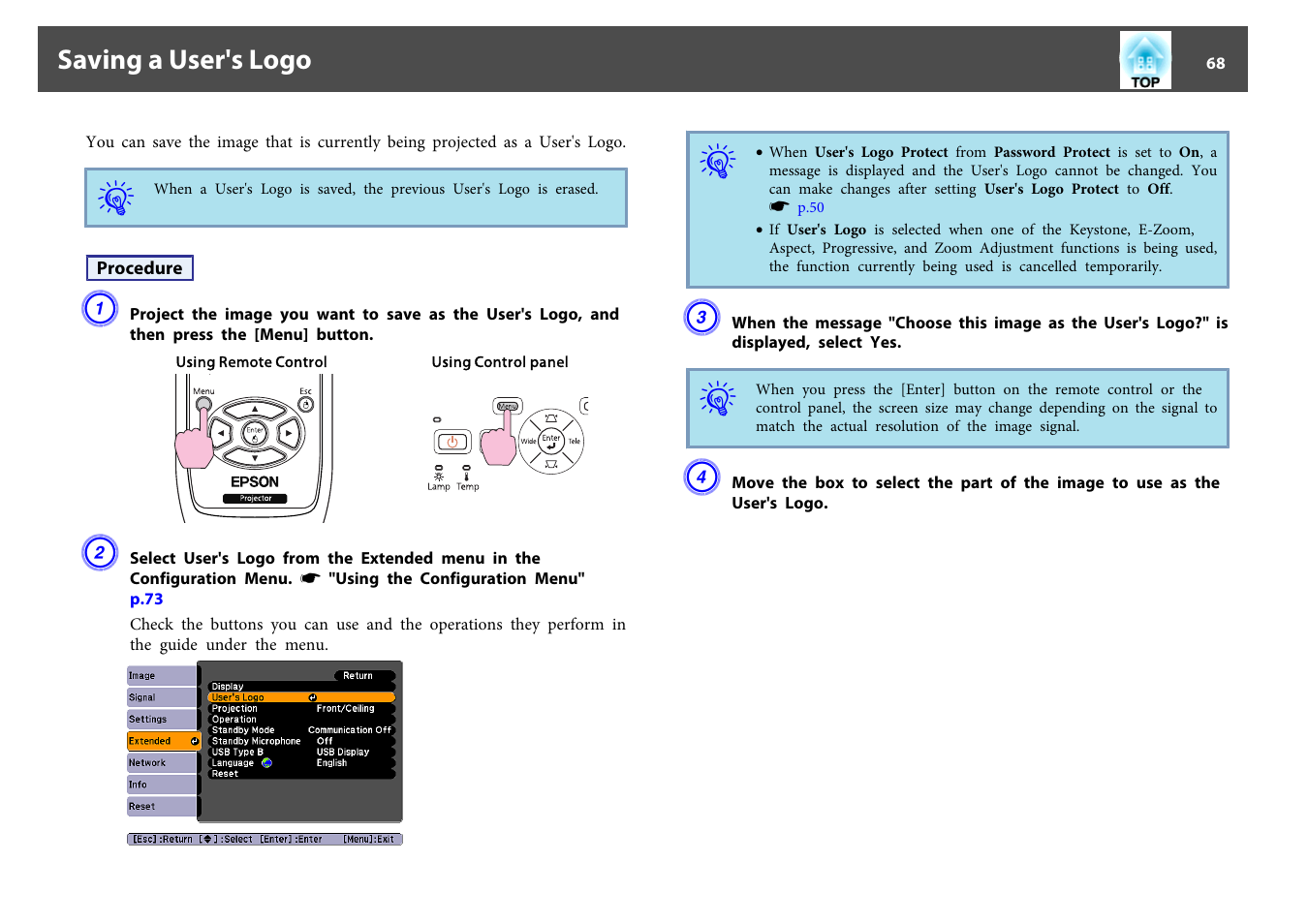 Saving a user's logo | Epson EB-440W User Manual | Page 68 / 153