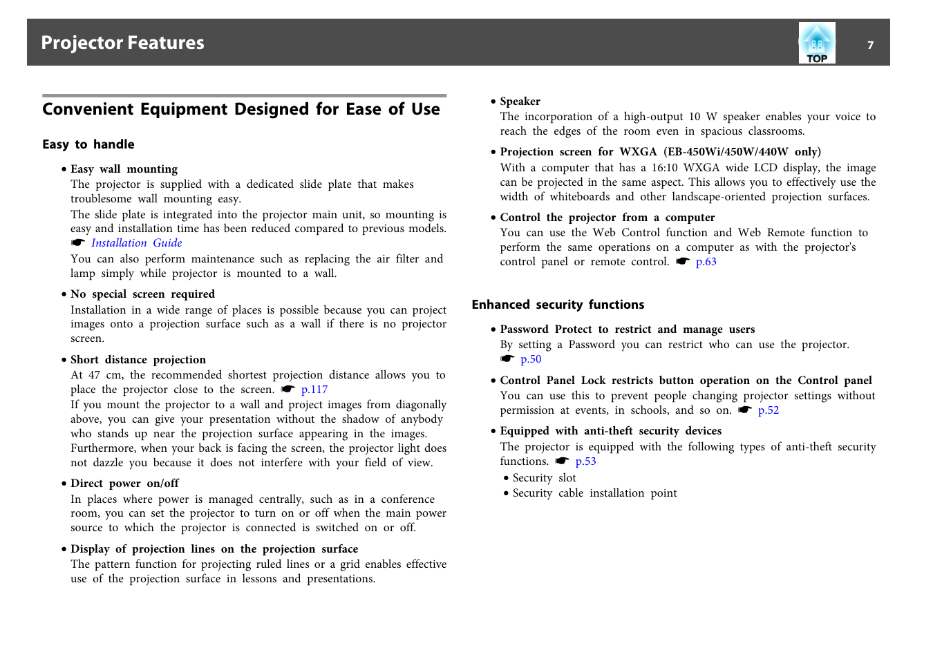 Projector features, Convenient equipment designed for ease of use, Easy to handle | Enhanced security functions, Easy to handle enhanced security functions | Epson EB-440W User Manual | Page 7 / 153