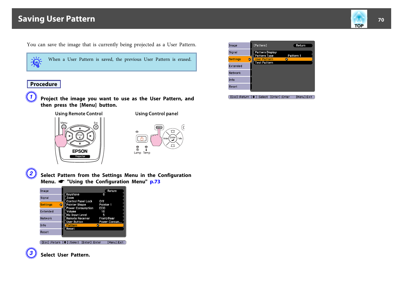 Saving user pattern | Epson EB-440W User Manual | Page 70 / 153