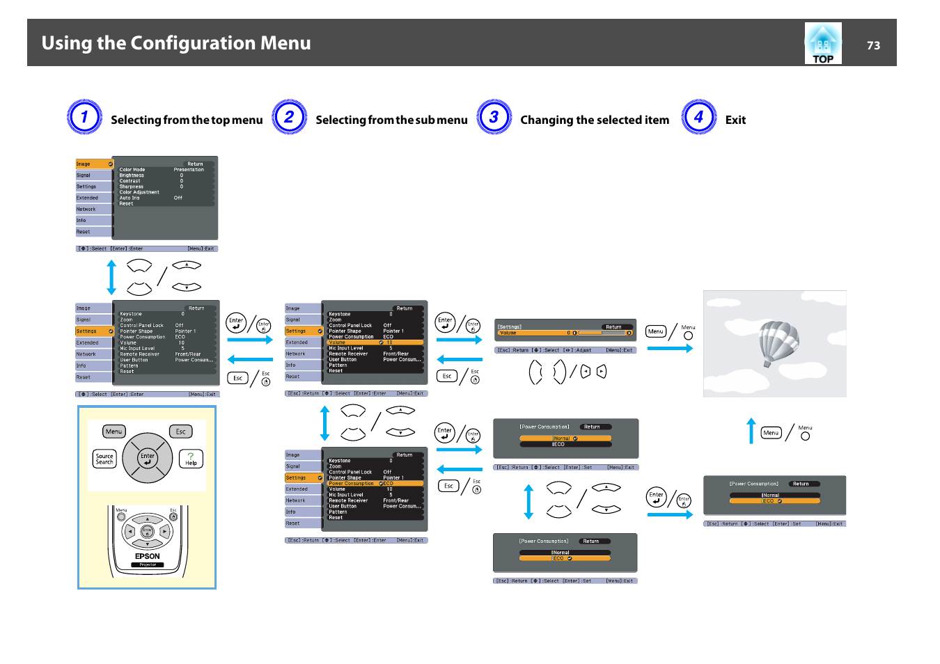 Using the configuration menu, P.73 | Epson EB-440W User Manual | Page 73 / 153