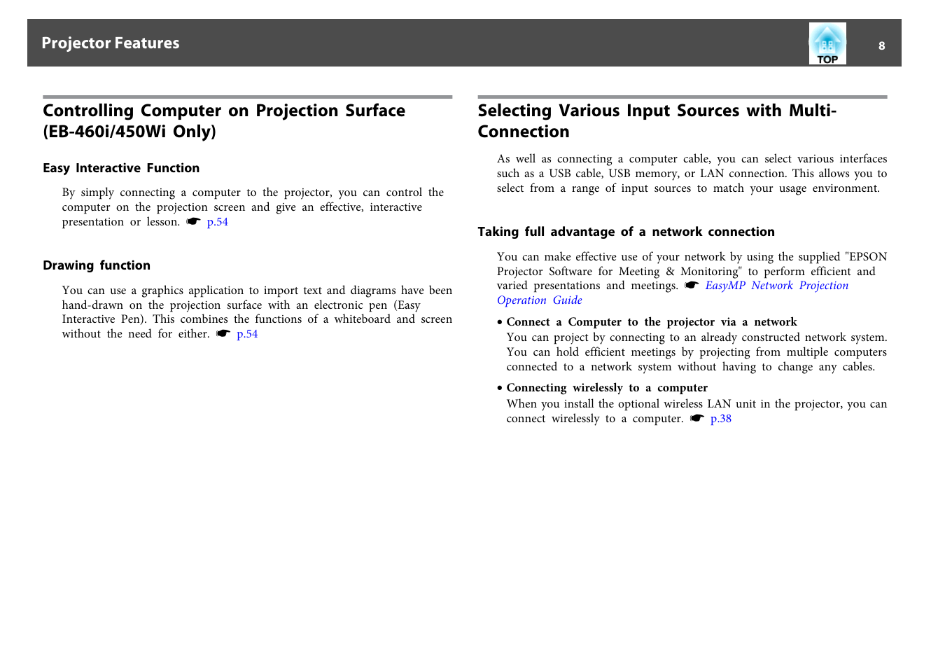 Easy interactive function, Drawing function, Taking full advantage of a network connection | Easy interactive function drawing function, Projector features | Epson EB-440W User Manual | Page 8 / 153