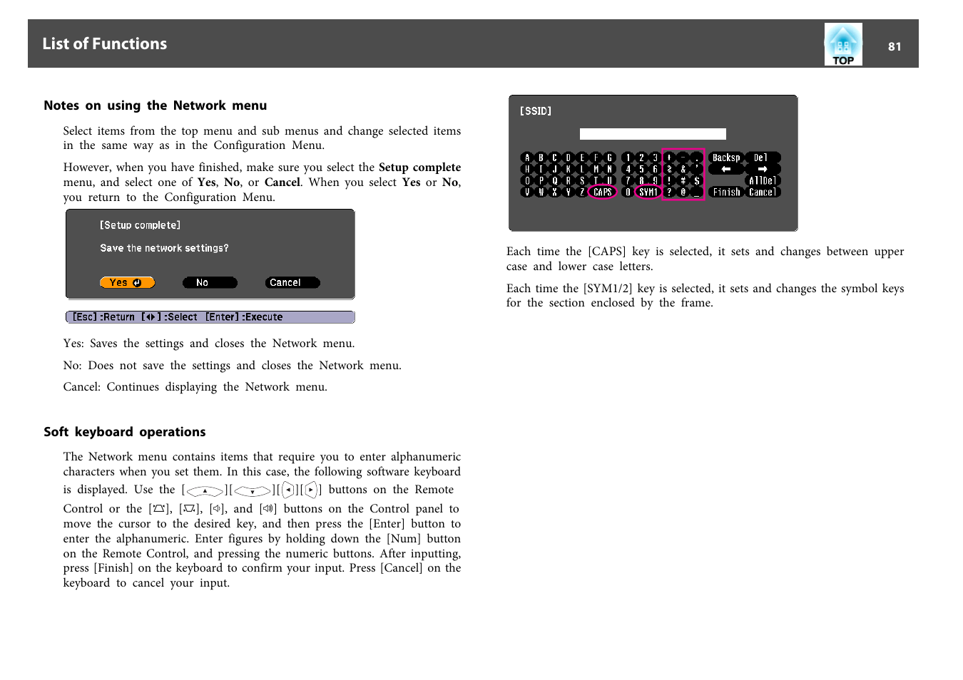 Notes on using the network menu, Soft keyboard operations, List of functions | Epson EB-440W User Manual | Page 81 / 153