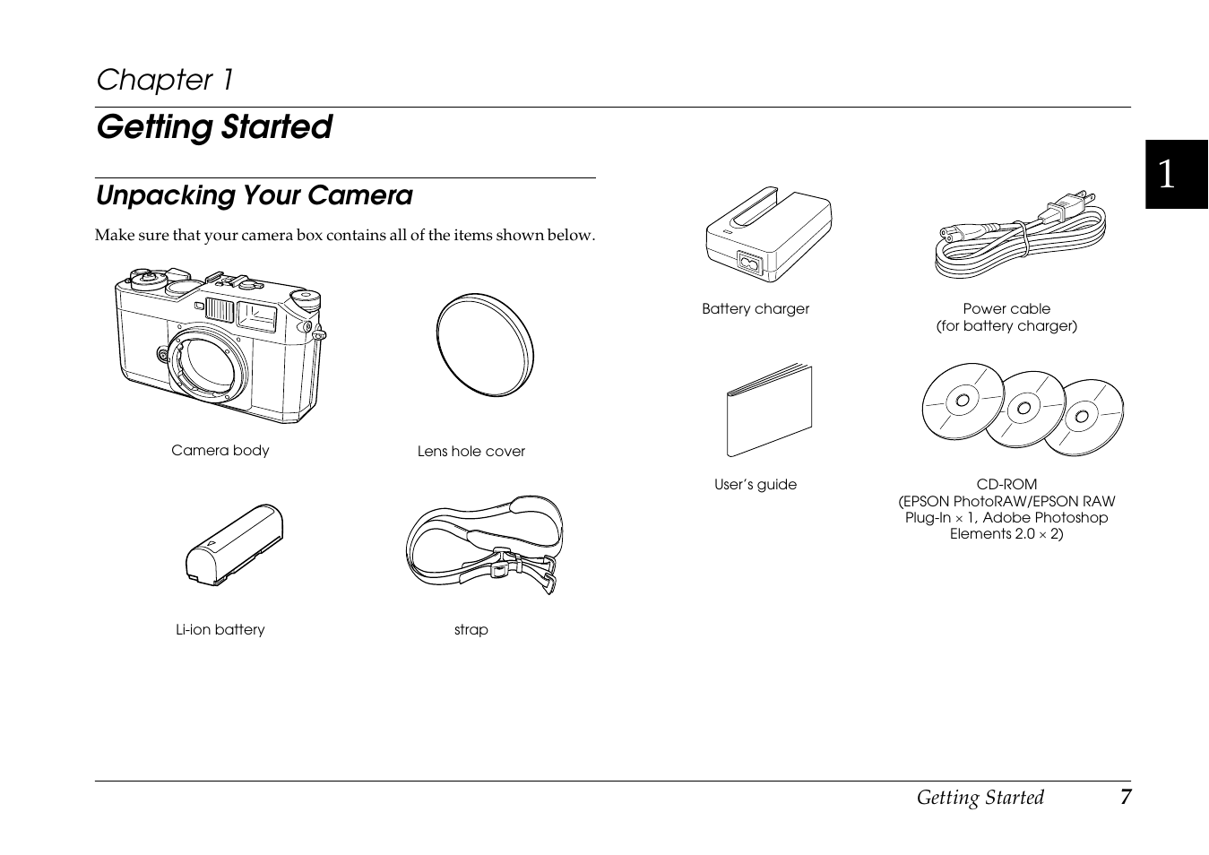 Getting started, Unpacking your camera, Chapter 1 | Epson R-D1 User Manual | Page 11 / 55