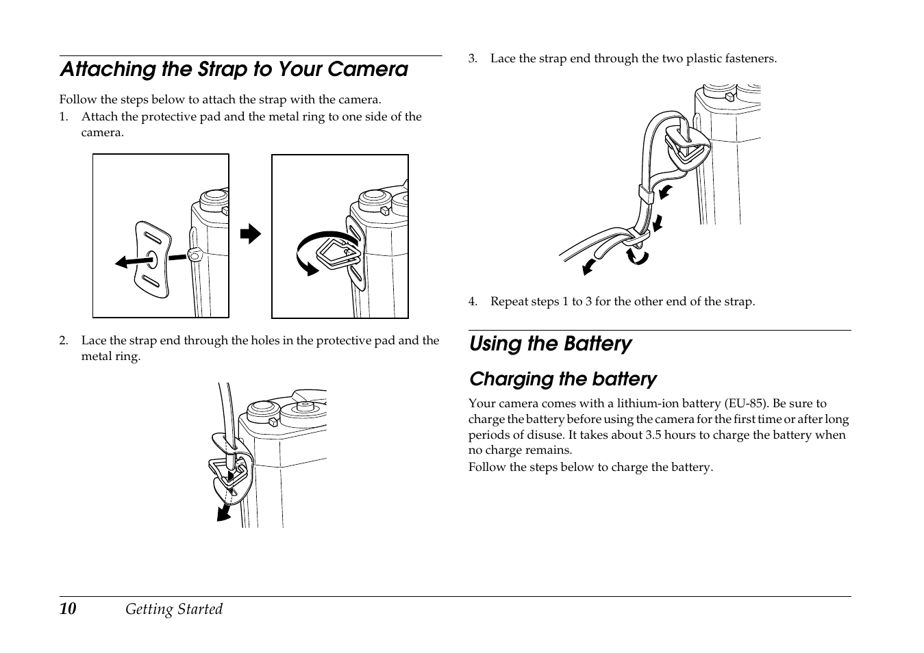 Attaching the strap to your camera, Using the battery, Charging the battery | Epson R-D1 User Manual | Page 14 / 55