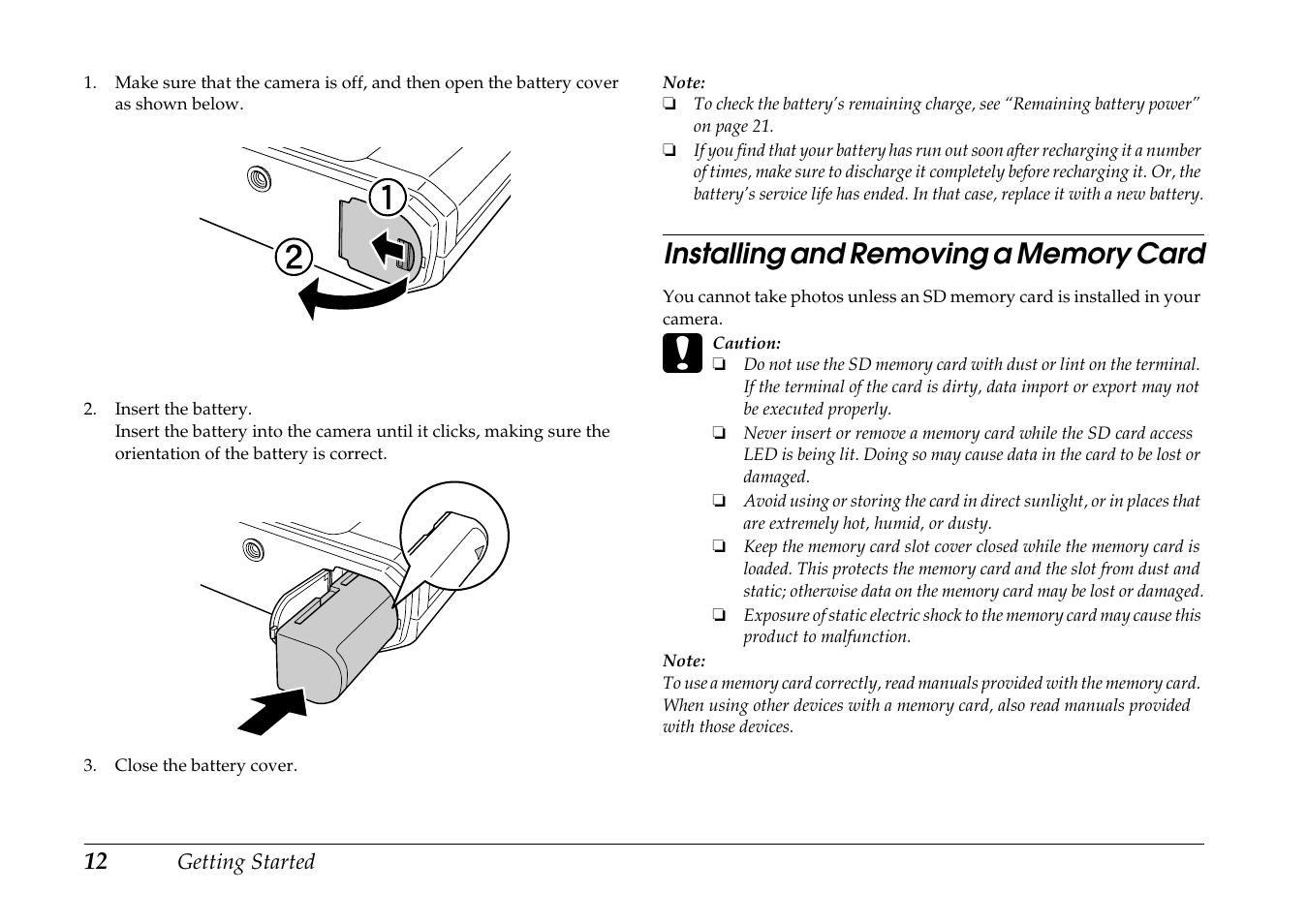 Installing and removing a memory card | Epson R-D1 User Manual | Page 16 / 55