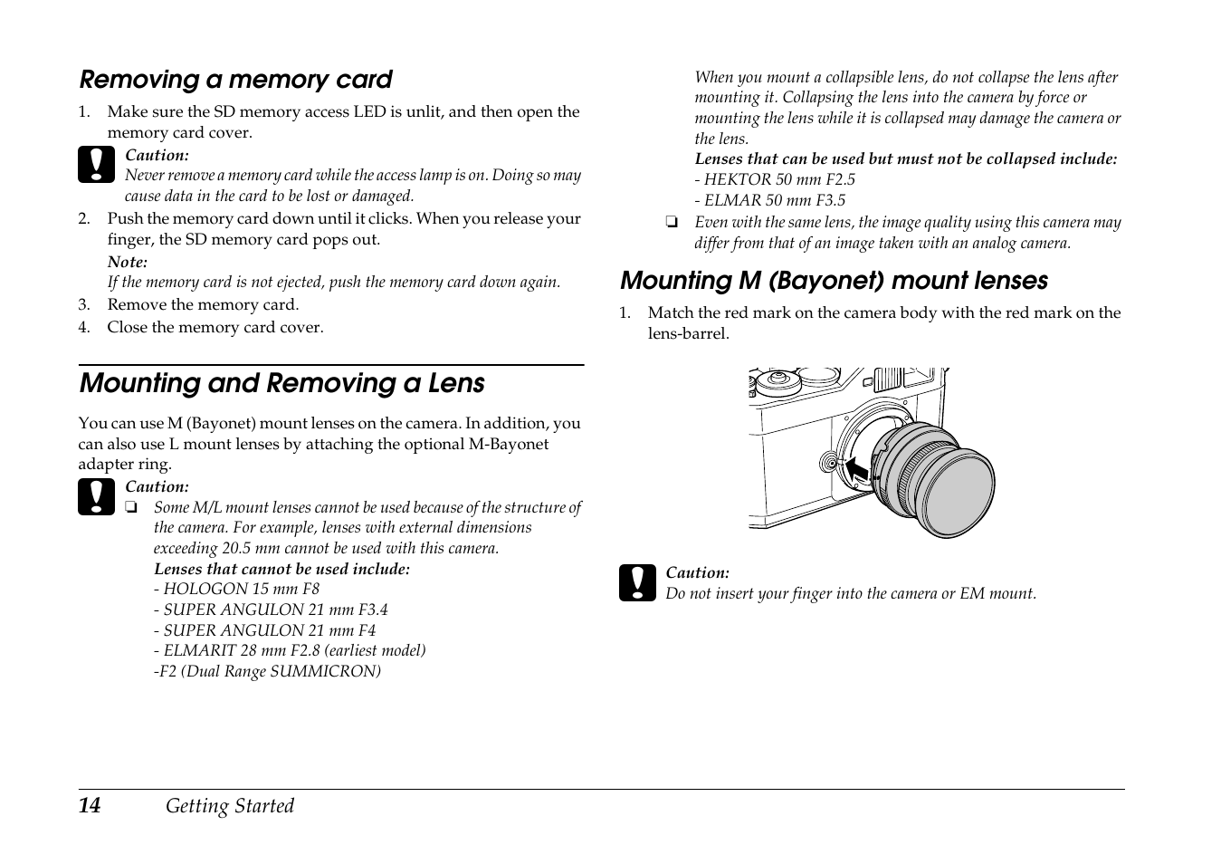 Removing a memory card, Mounting and removing a lens, Mounting m (bayonet) mount lenses | Epson R-D1 User Manual | Page 18 / 55