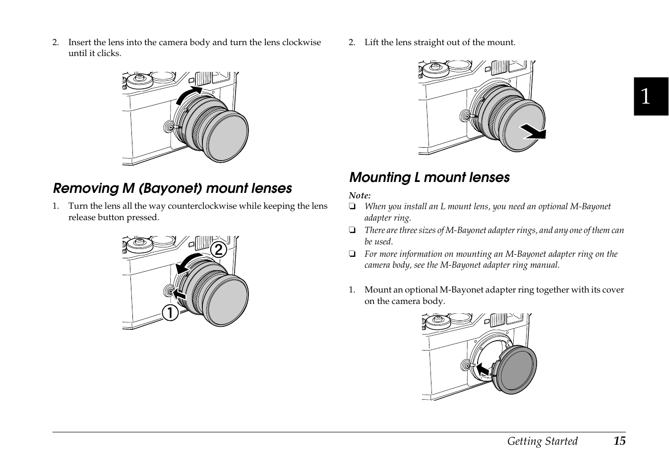 Removing m (bayonet) mount lenses, Mounting l mount lenses | Epson R-D1 User Manual | Page 19 / 55