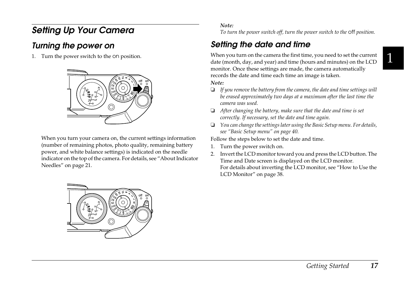 Setting up your camera, Turning the power on, Setting the date and time | Turning the power on setting the date and time | Epson R-D1 User Manual | Page 21 / 55