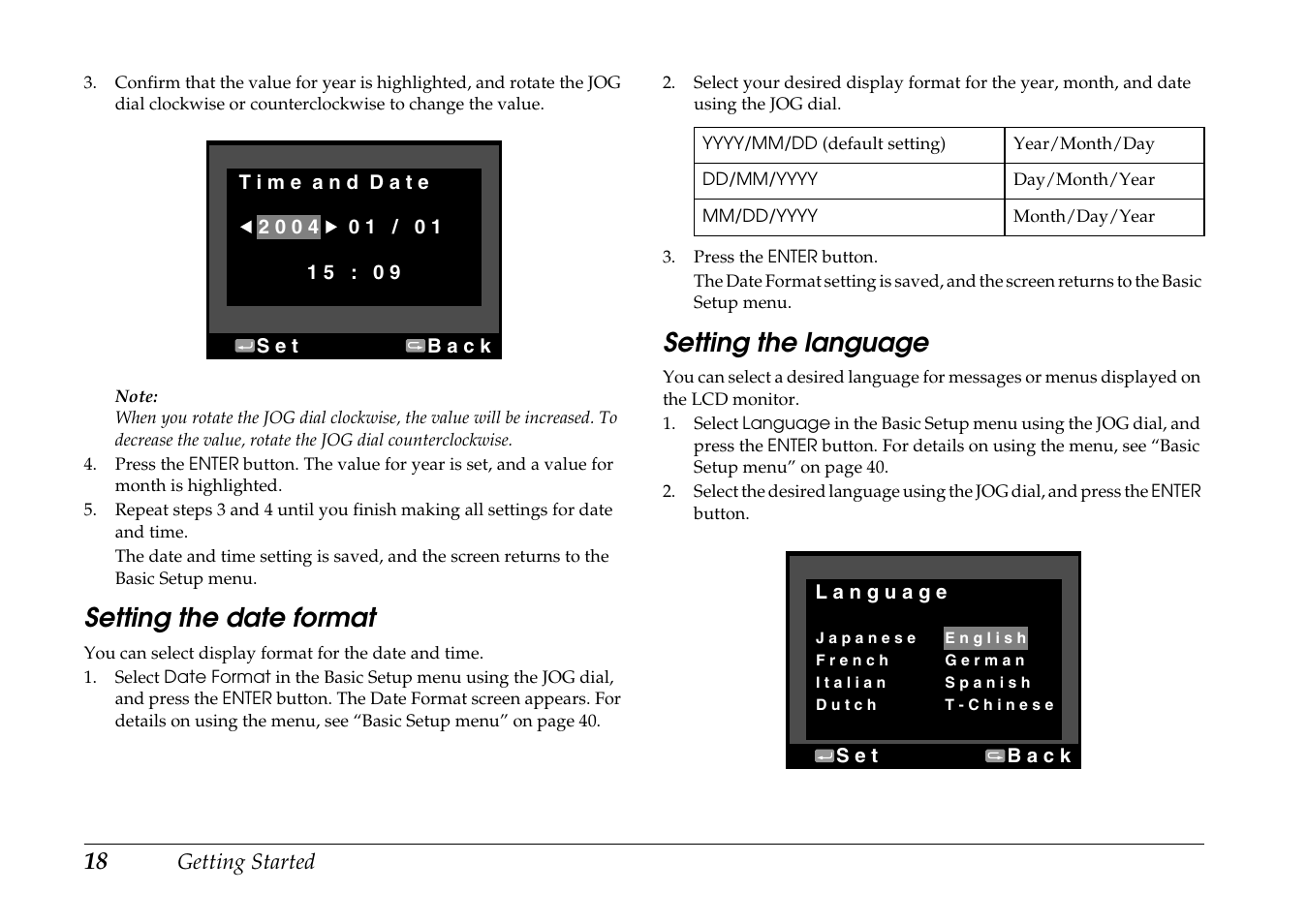 Setting the date format, Setting the language, Setting the date format setting the language | Epson R-D1 User Manual | Page 22 / 55