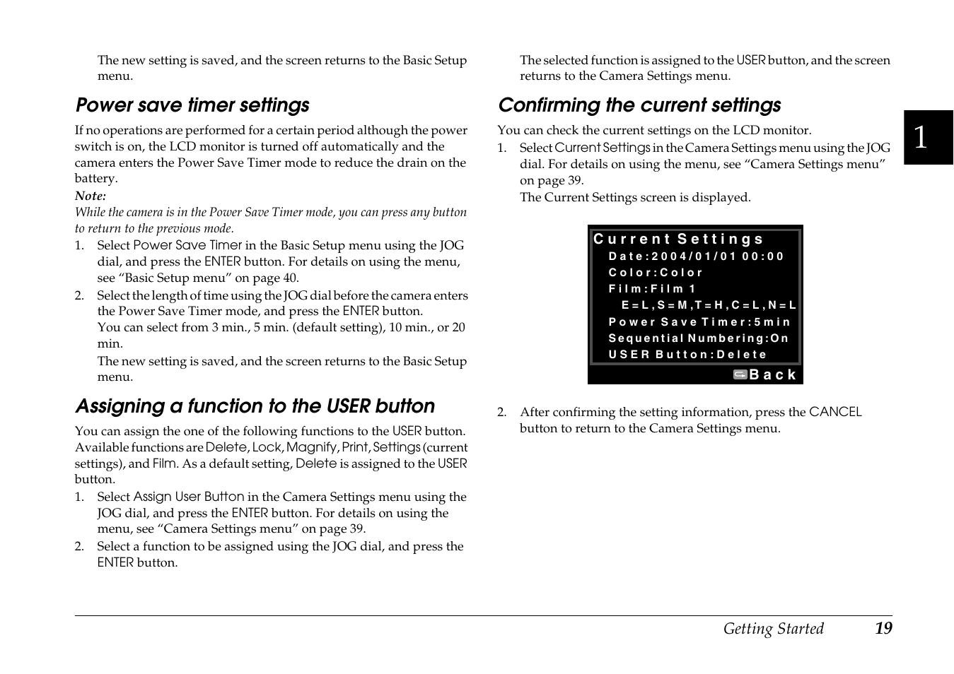 Power save timer settings, Assigning a function to the user button, Confirming the current settings | Epson R-D1 User Manual | Page 23 / 55