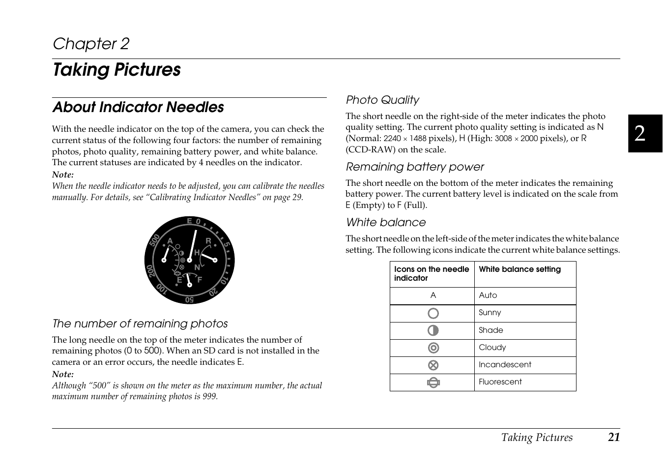 Taking pictures, About indicator needles, Chapter 2 | Epson R-D1 User Manual | Page 25 / 55