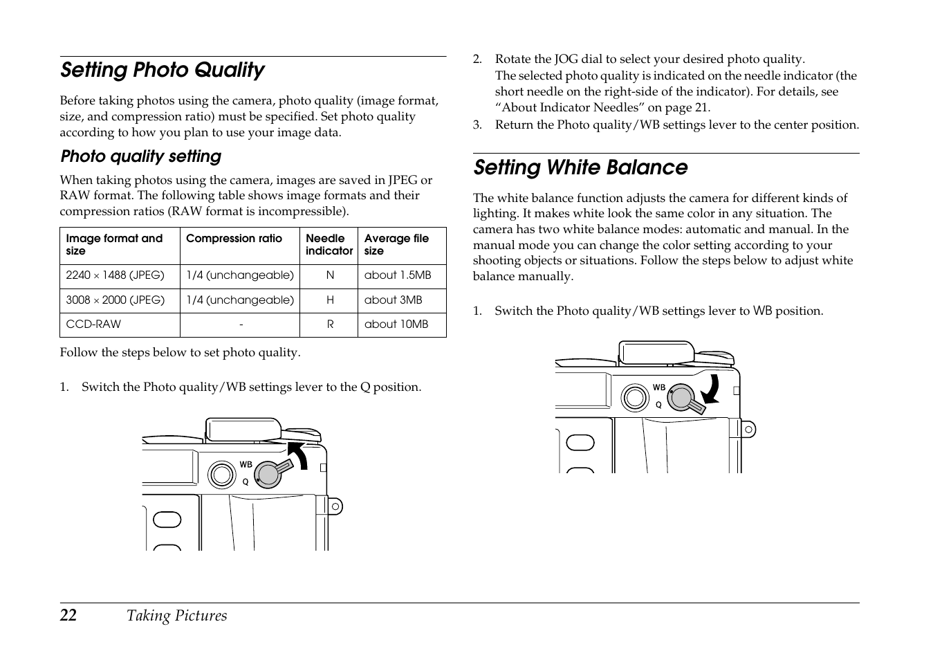 Setting photo quality, Setting white balance, Setting photo quality setting white balance | Photo quality setting | Epson R-D1 User Manual | Page 26 / 55