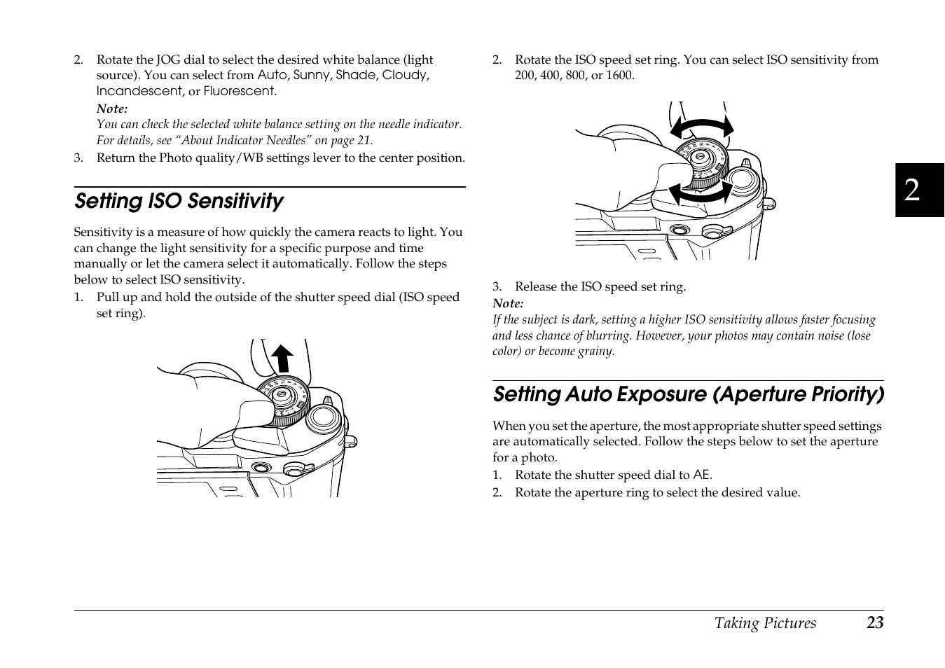 Setting iso sensitivity, Setting auto exposure (aperture priority) | Epson R-D1 User Manual | Page 27 / 55