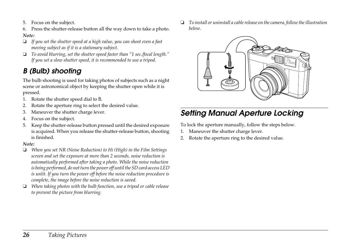 B (bulb) shooting, Setting manual aperture locking | Epson R-D1 User Manual | Page 30 / 55