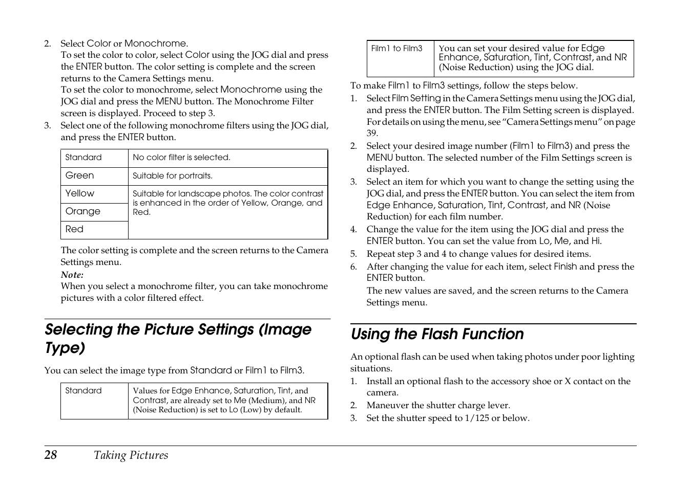 Selecting the picture settings (image type), Using the flash function | Epson R-D1 User Manual | Page 32 / 55