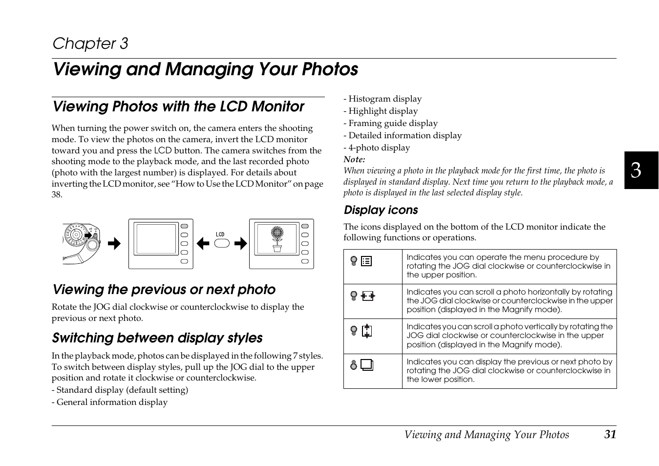 Viewing and managing your photos, Viewing photos with the lcd monitor, Viewing the previous or next photo | Switching between display styles, Chapter 3 | Epson R-D1 User Manual | Page 35 / 55