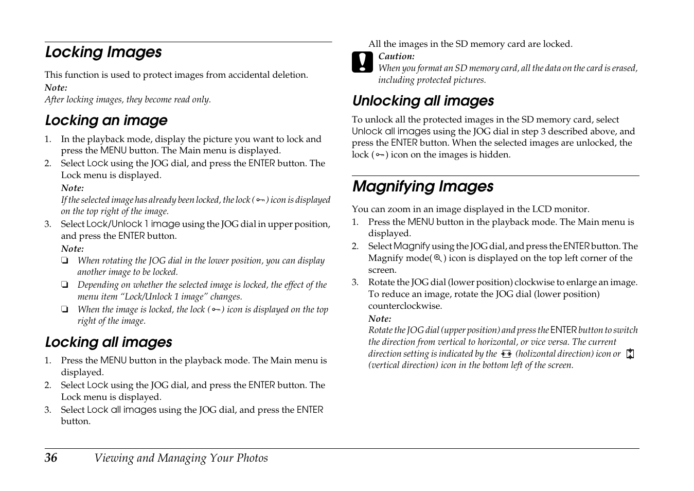 Locking images, Locking an image, Locking all images | Unlocking all images, Magnifying images | Epson R-D1 User Manual | Page 40 / 55