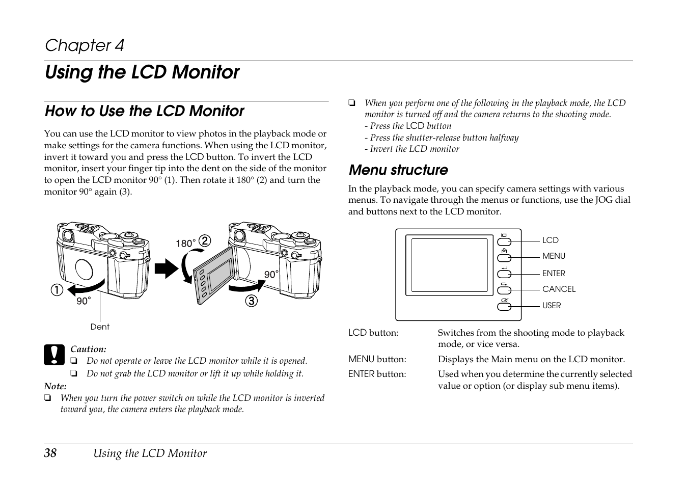 Using the lcd monitor, How to use the lcd monitor, Menu structure | Chapter 4 | Epson R-D1 User Manual | Page 42 / 55