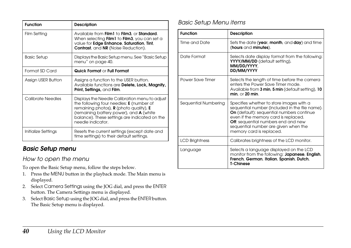 Basic setup menu | Epson R-D1 User Manual | Page 44 / 55