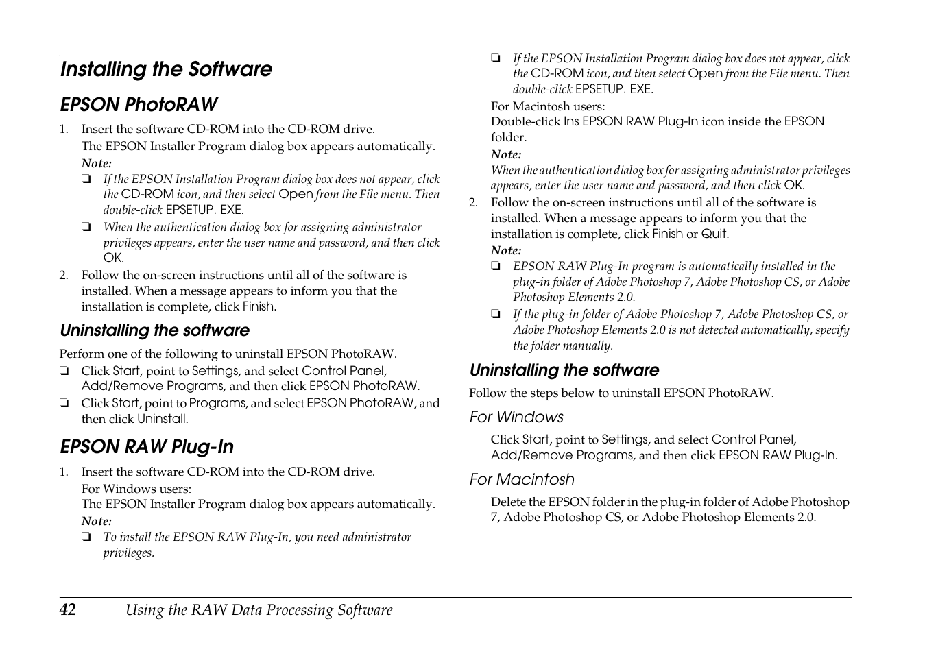 Installing the software, Epson photoraw, Epson raw plug-in | Epson photoraw epson raw plug-in | Epson R-D1 User Manual | Page 46 / 55