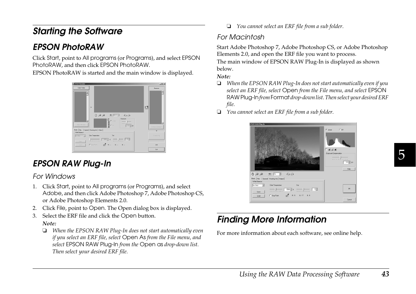 Starting the software, Epson photoraw, Epson raw plug-in | Finding more information, Epson photoraw epson raw plug-in | Epson R-D1 User Manual | Page 47 / 55