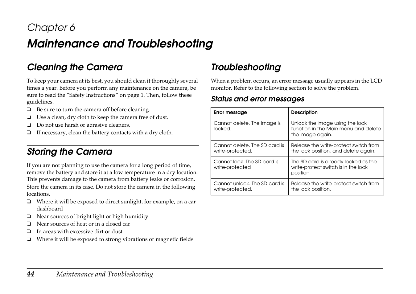 Maintenance and troubleshooting, Cleaning the camera, Storing the camera | Troubleshooting, Chapter 6 main, Chapter 6 | Epson R-D1 User Manual | Page 48 / 55