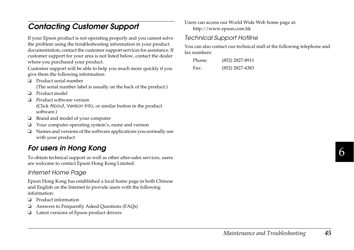 Contacting customer support, For users in hong kong | Epson R-D1 User Manual | Page 49 / 55