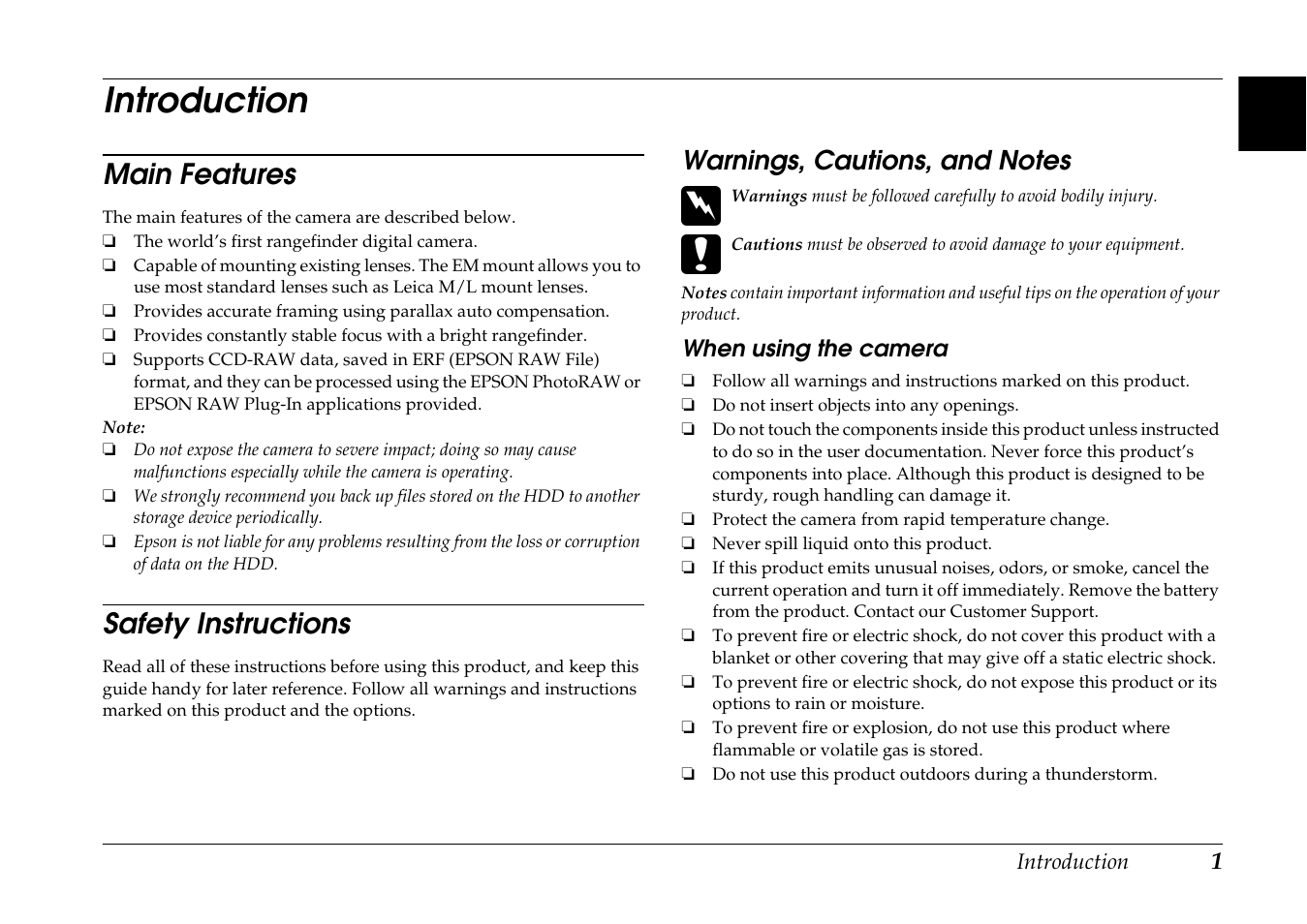 Introduction, Main features, Safety instructions | Warnings, cautions, and notes, Main features safety instructions | Epson R-D1 User Manual | Page 5 / 55