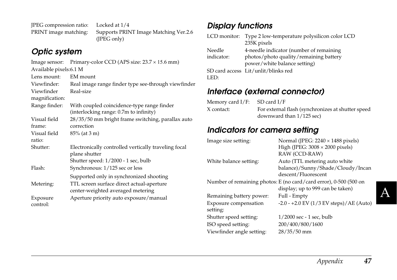Optic system, Display functions, Interface (external connector) | Indicators for camera setting | Epson R-D1 User Manual | Page 51 / 55