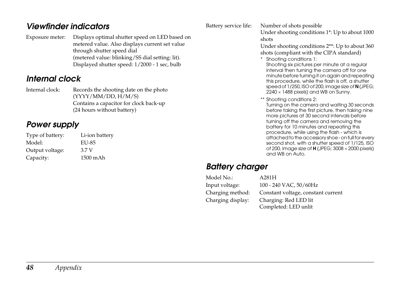 Viewfinder indicators, Internal clock, Power supply | Battery charger | Epson R-D1 User Manual | Page 52 / 55