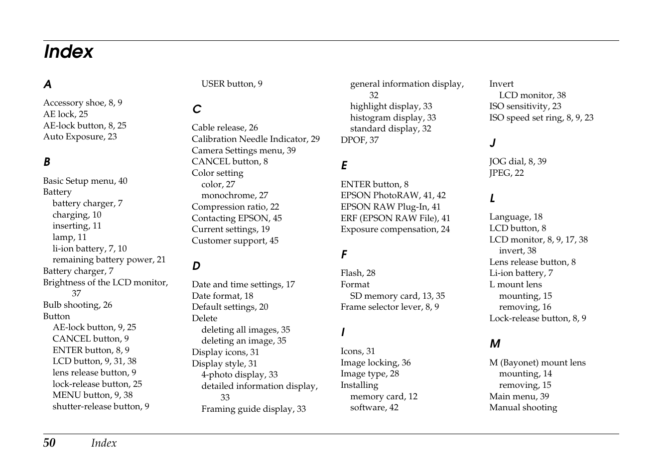 Index | Epson R-D1 User Manual | Page 54 / 55