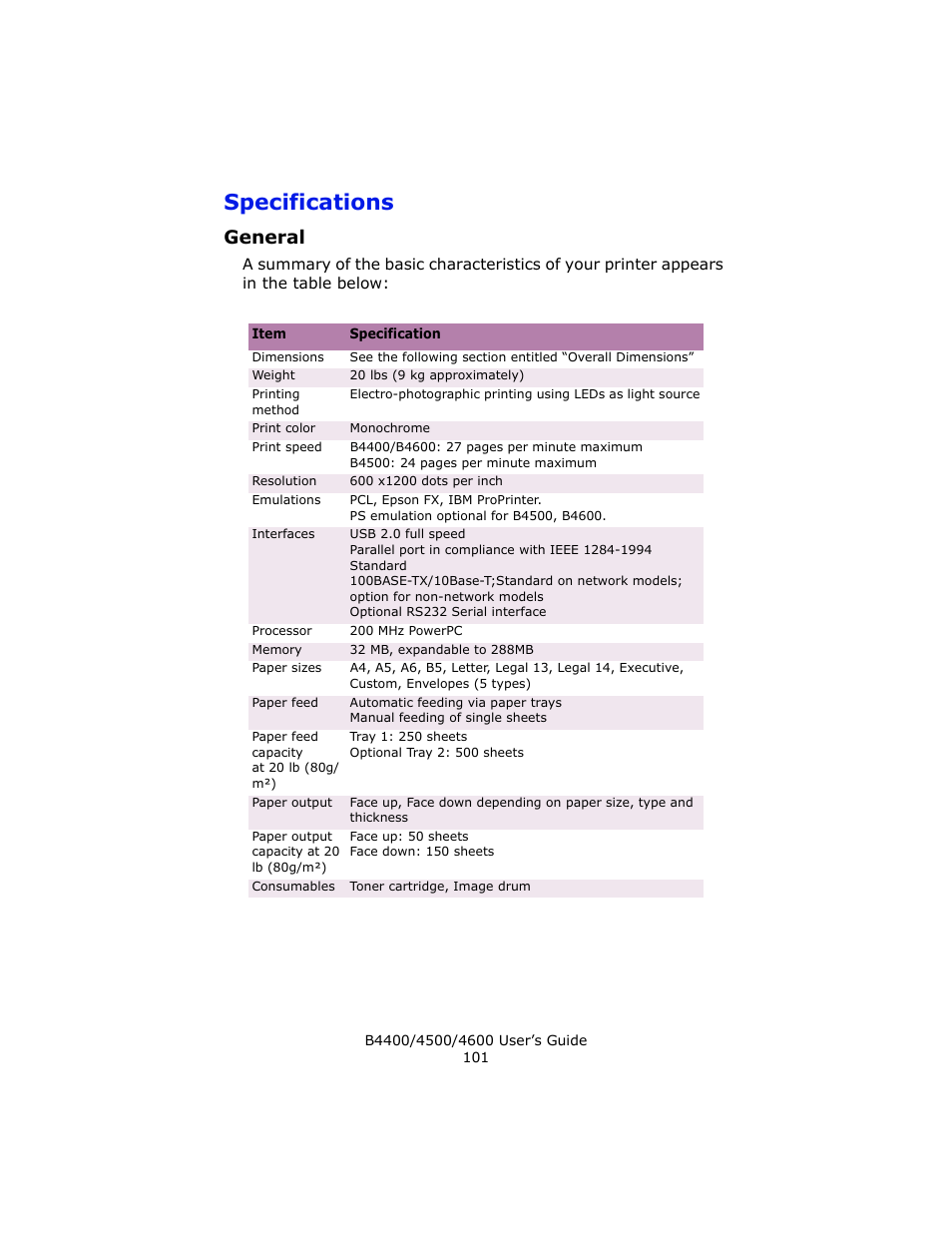 Specifications, General | Epson 4600 User Manual | Page 101 / 106