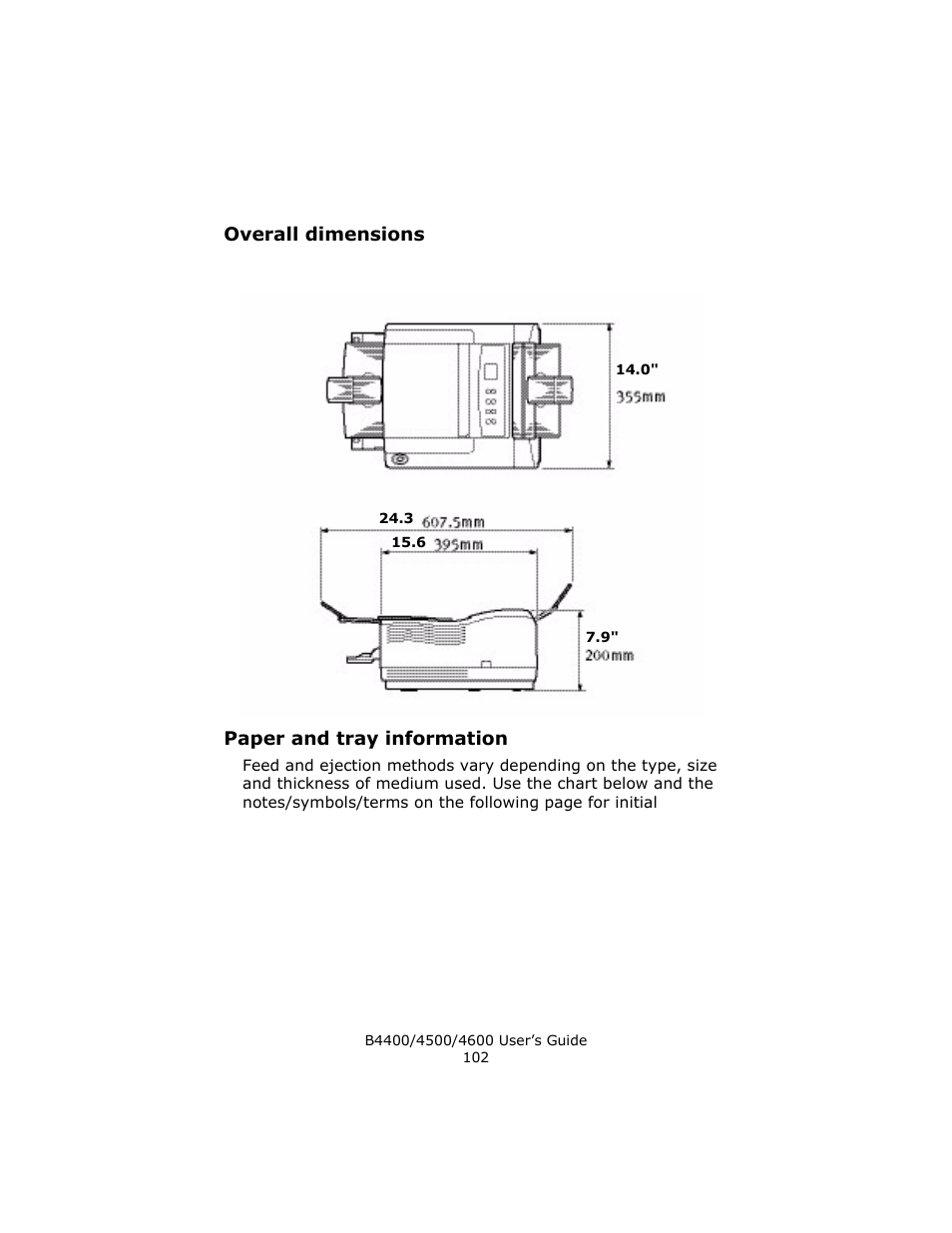 Overall dimensions, Paper and tray information | Epson 4600 User Manual | Page 102 / 106