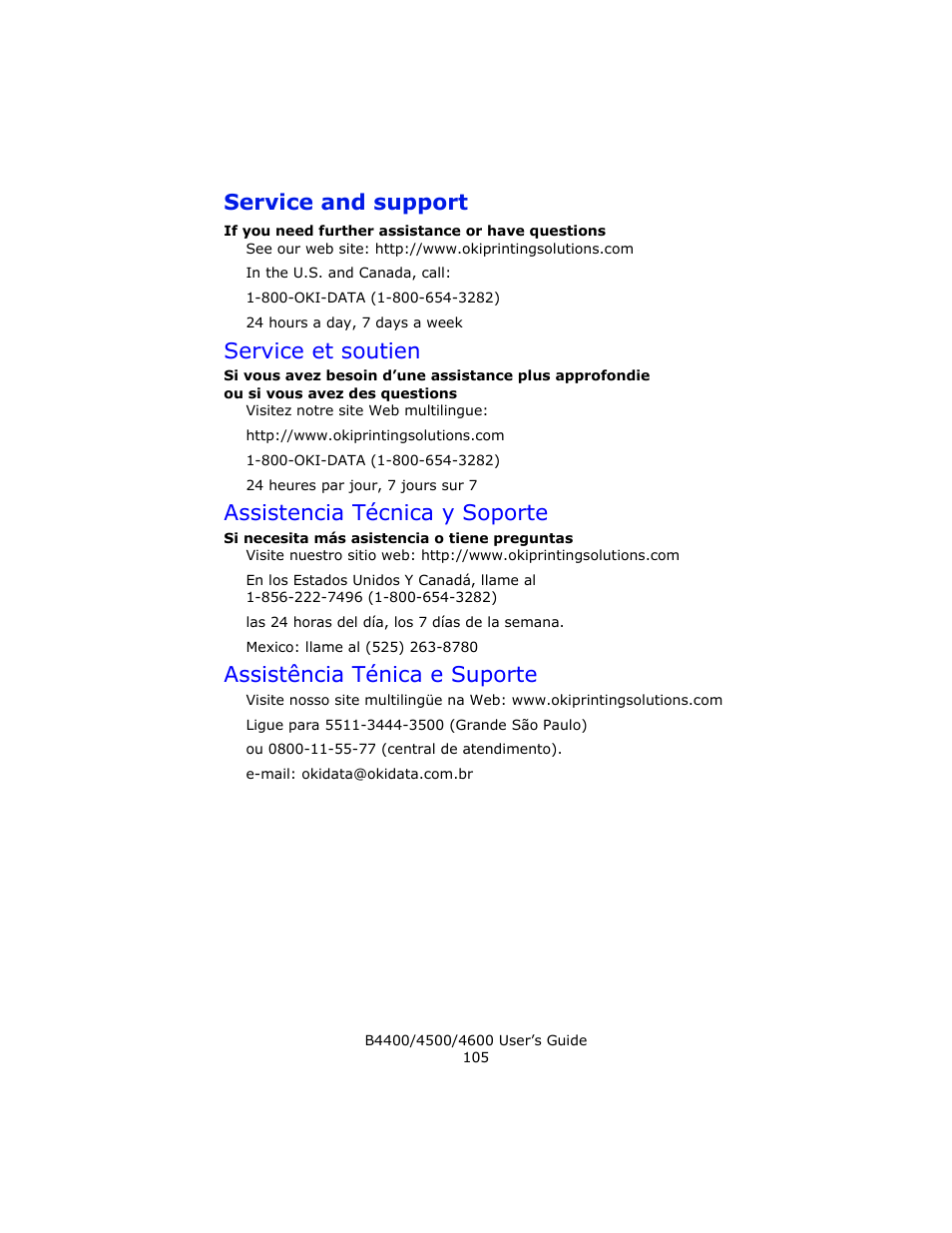 Service and support, Service et soutien, Assistencia técnica y soporte | Assistência ténica e suporte | Epson 4600 User Manual | Page 105 / 106