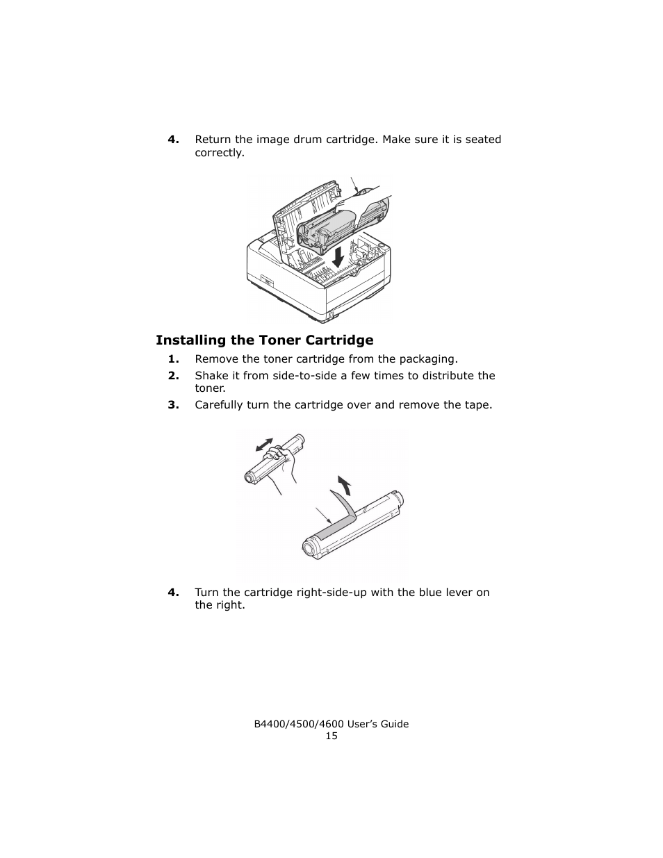 Installing the toner cartridge | Epson 4600 User Manual | Page 15 / 106
