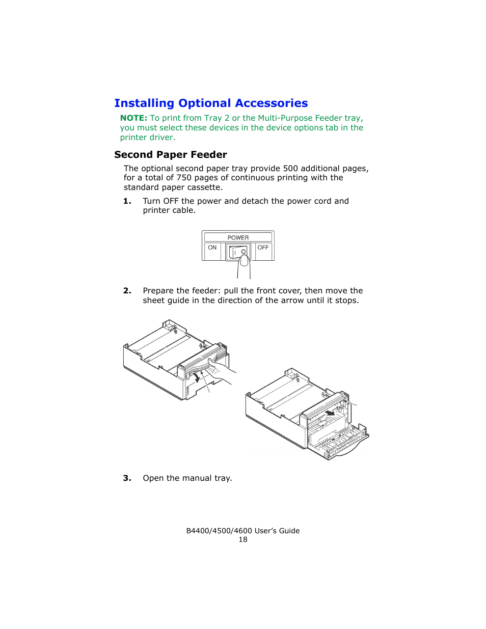 Installing optional accessories, Second paper feeder | Epson 4600 User Manual | Page 18 / 106