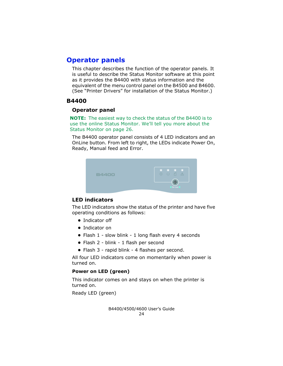 Operator panels, B4400, Operator panel | Led indicators, Power on led (green) | Epson 4600 User Manual | Page 24 / 106