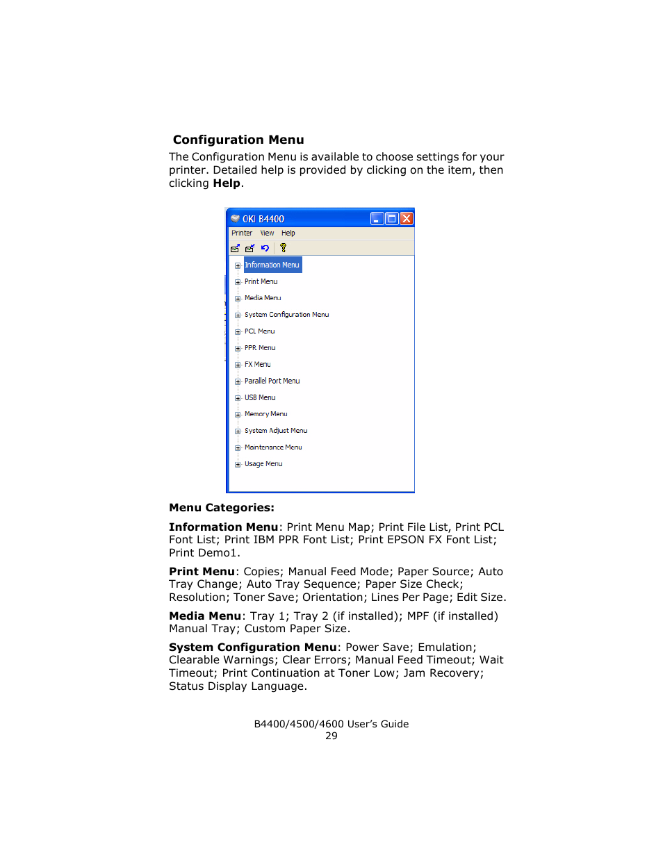 Configuration menu, Menu categories | Epson 4600 User Manual | Page 29 / 106