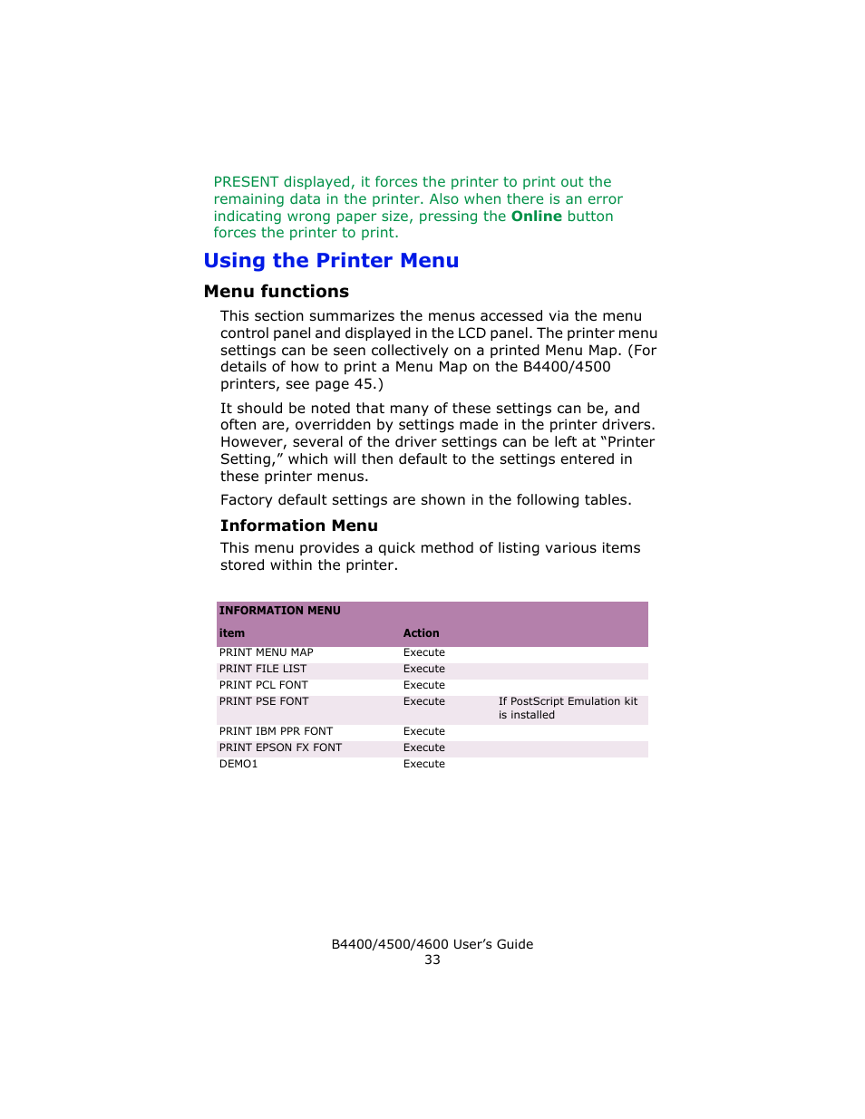 Using the printer menu, Menu functions, Information menu | Epson 4600 User Manual | Page 33 / 106