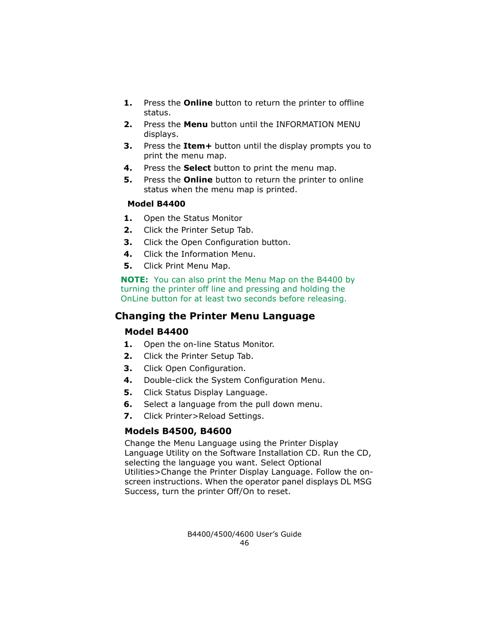 Model b4400, Changing the printer menu language, Models b4500, b4600 | Epson 4600 User Manual | Page 46 / 106