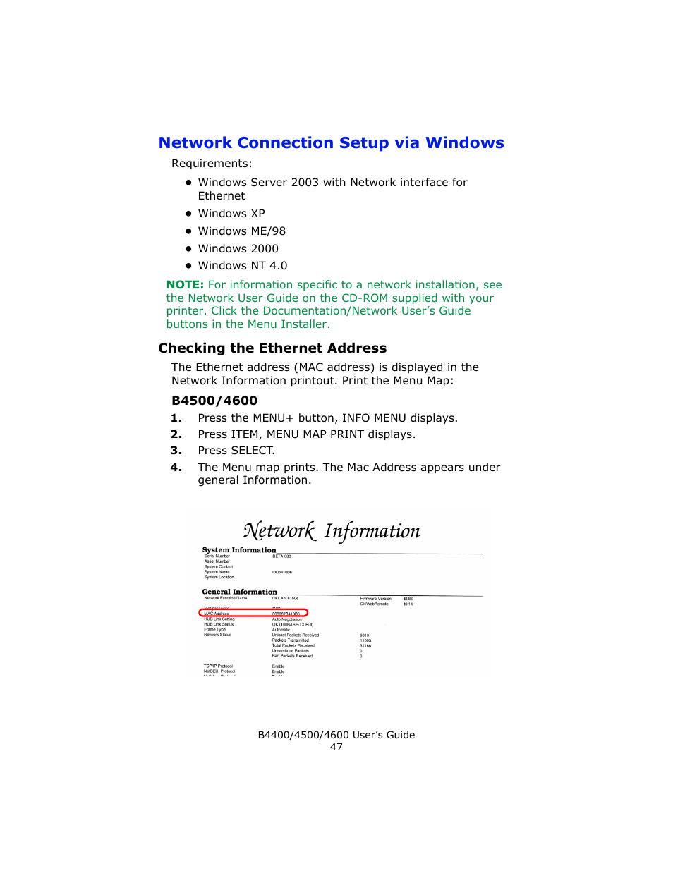 Network connection setup via windows, Checking the ethernet address, B4500/4600 | Epson 4600 User Manual | Page 47 / 106