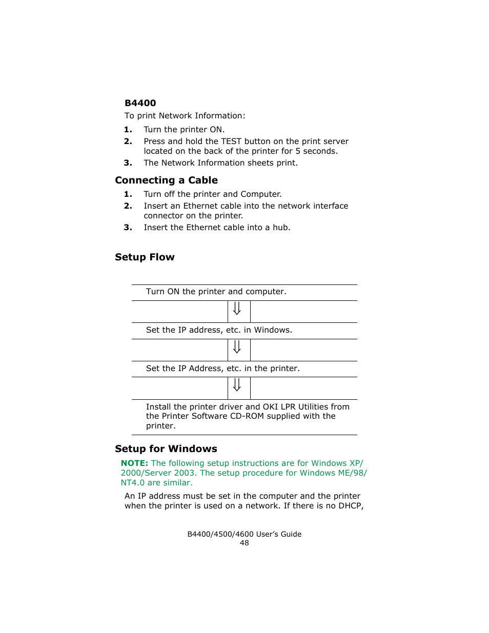 B4400, Connecting a cable, Setup flow | Setup for windows | Epson 4600 User Manual | Page 48 / 106