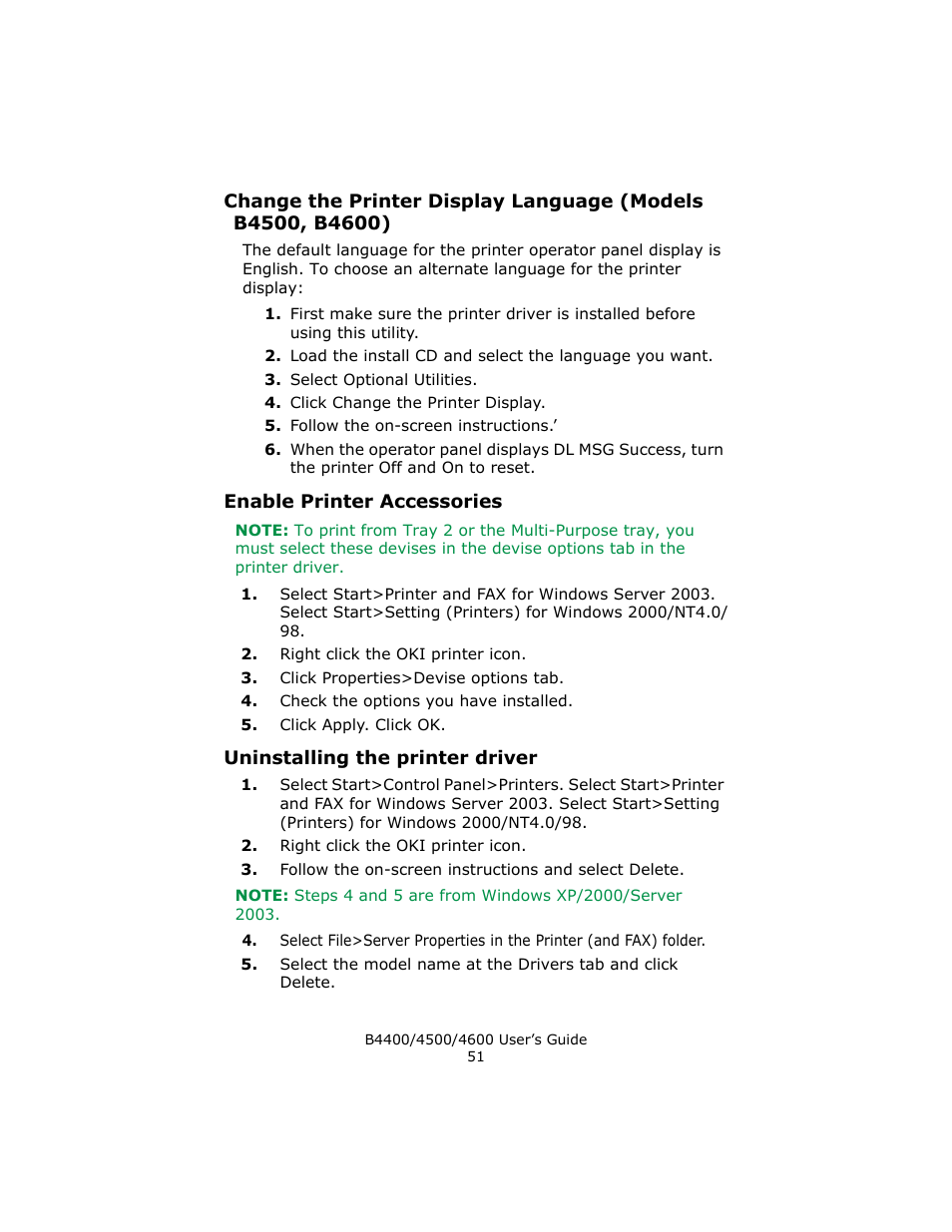 Enable printer accessories, Uninstalling the printer driver, Change the printer display language (models b4500 | B4600) | Epson 4600 User Manual | Page 51 / 106