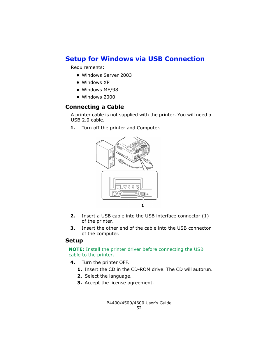 Setup for windows via usb connection, Connecting a cable | Epson 4600 User Manual | Page 52 / 106