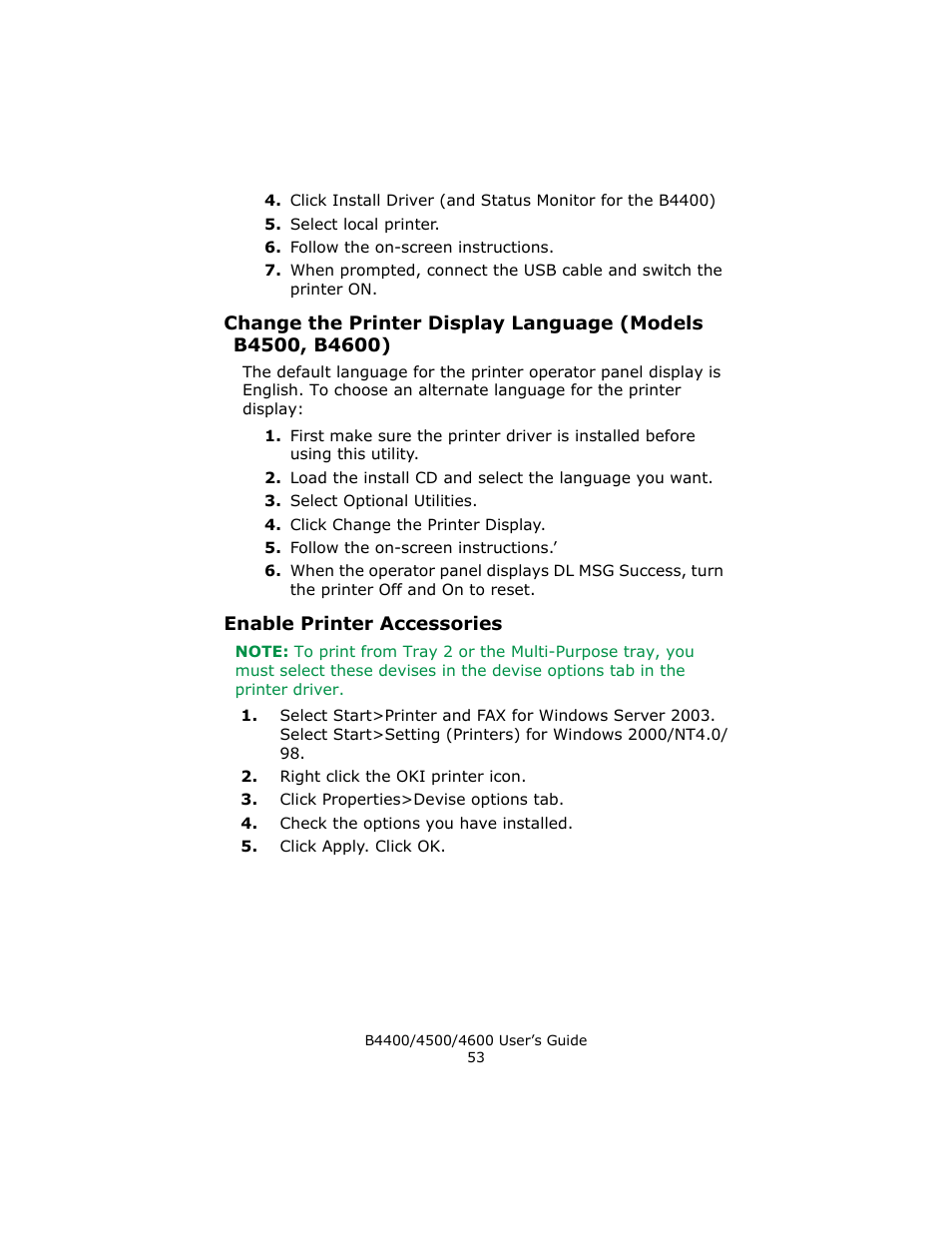 Enable printer accessories, Change the printer display language (models b4500, B4600) | Epson 4600 User Manual | Page 53 / 106