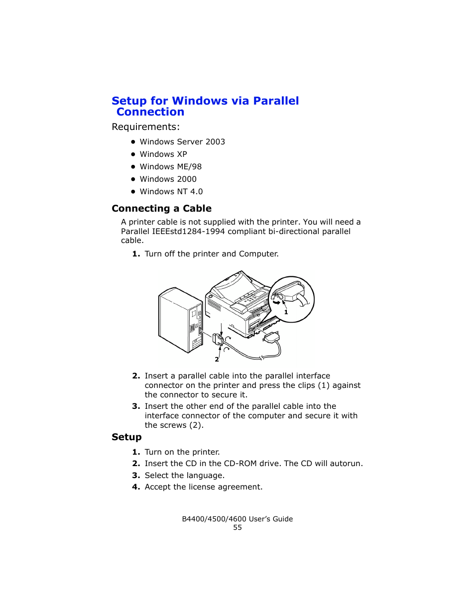 Setup for windows via parallel connection, Connecting a cable | Epson 4600 User Manual | Page 55 / 106