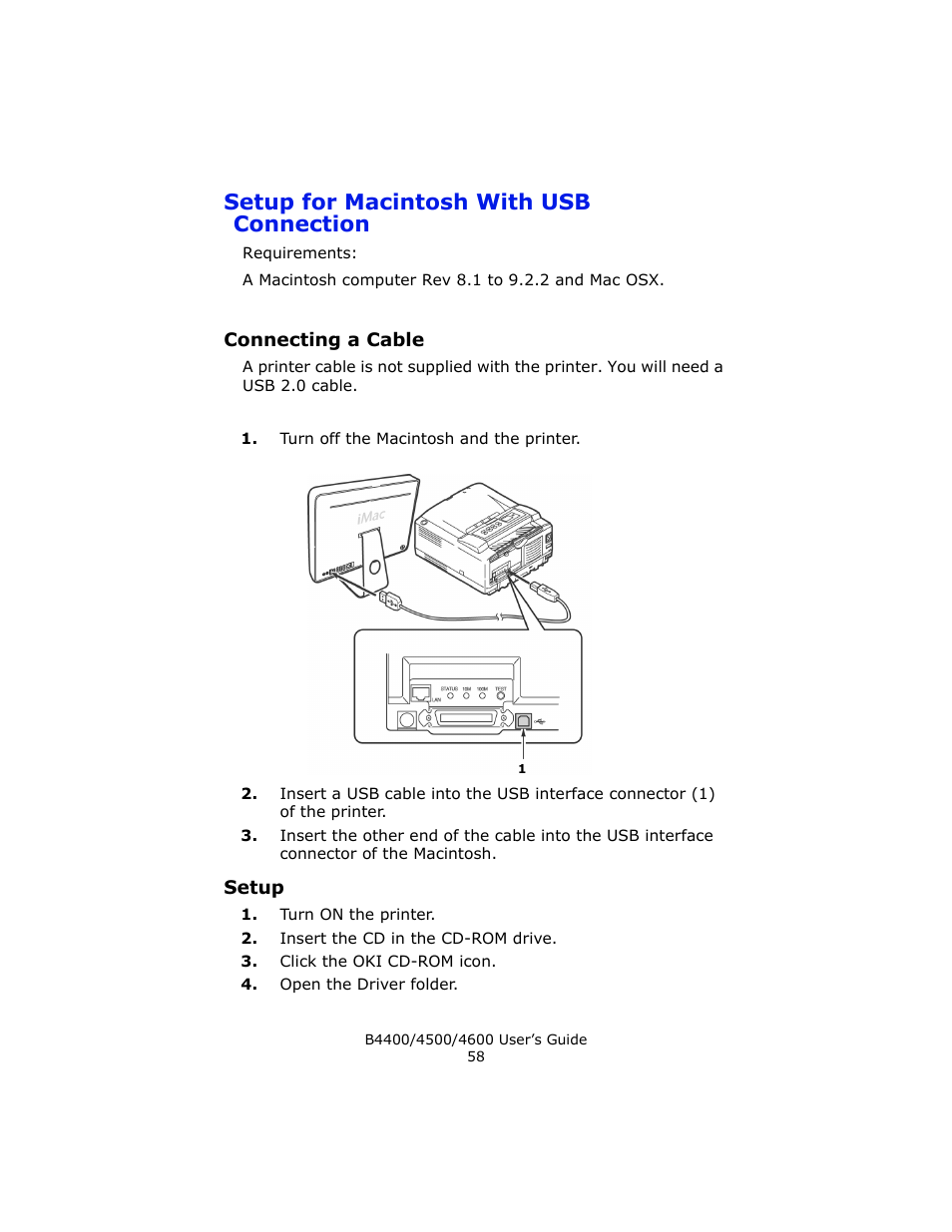 Setup for macintosh with usb connection, Connecting a cable, Setup | Epson 4600 User Manual | Page 58 / 106