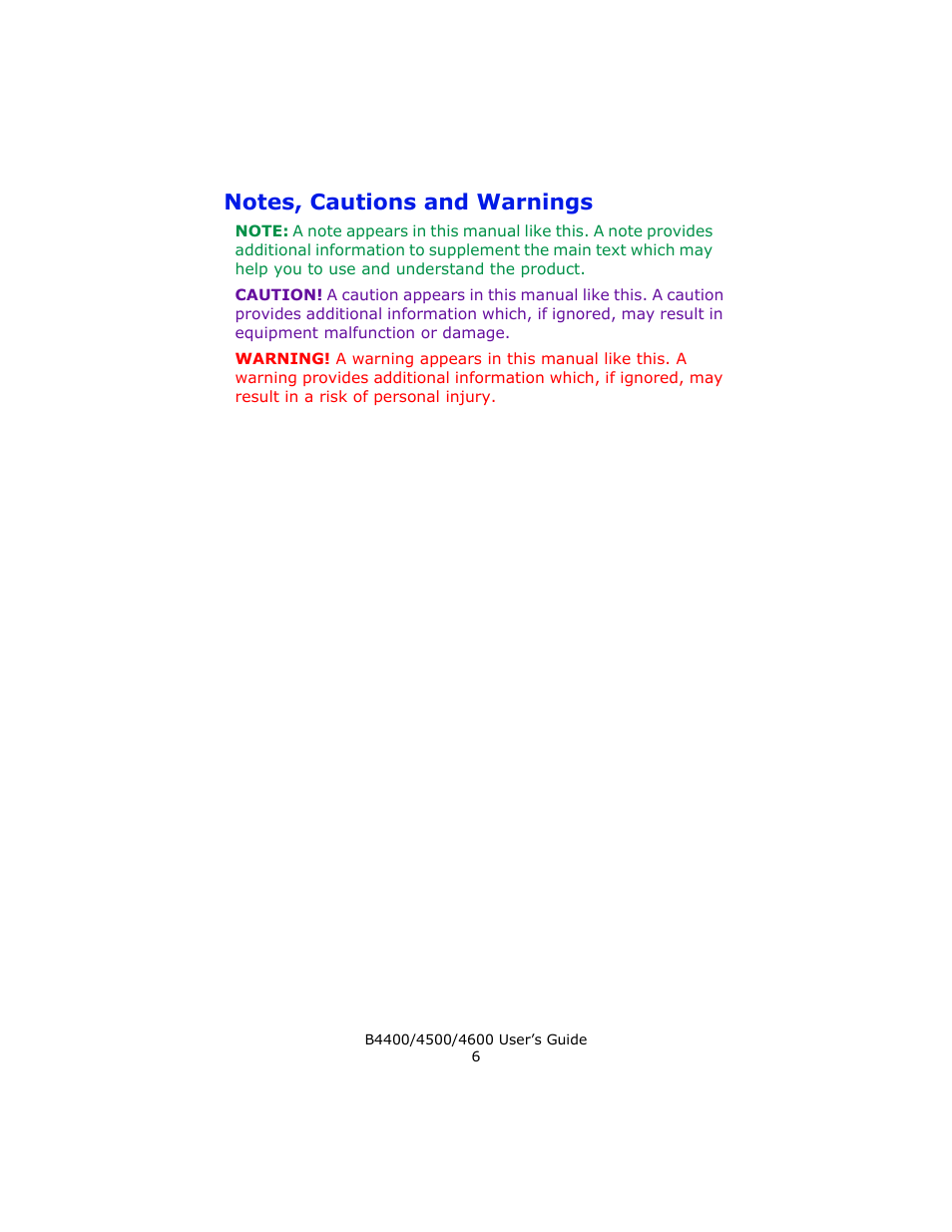 Notes, cautions and warnings | Epson 4600 User Manual | Page 6 / 106